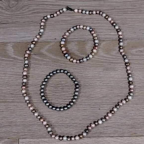 Multicolored Cultured Pearl Necklace and 2 Bracelets Set - Picture 2 of 8